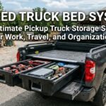 Decked truck bed storage system installed in pickup truck with organized drawers and durable cargo space
